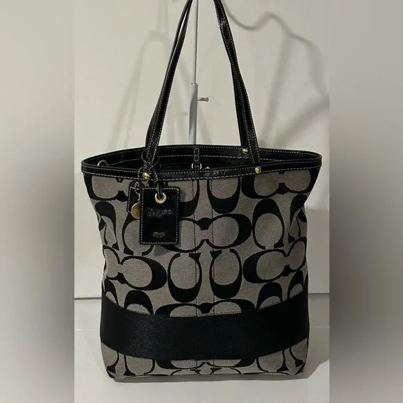 Coach Signature Black Gray Canvas Leather structured logo Shoulder Bag - Picture 11 of 16